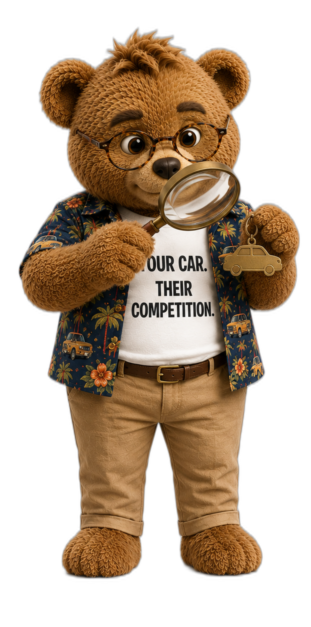 Brown Teddy inspecting a VIN tag with a magnifying glass
